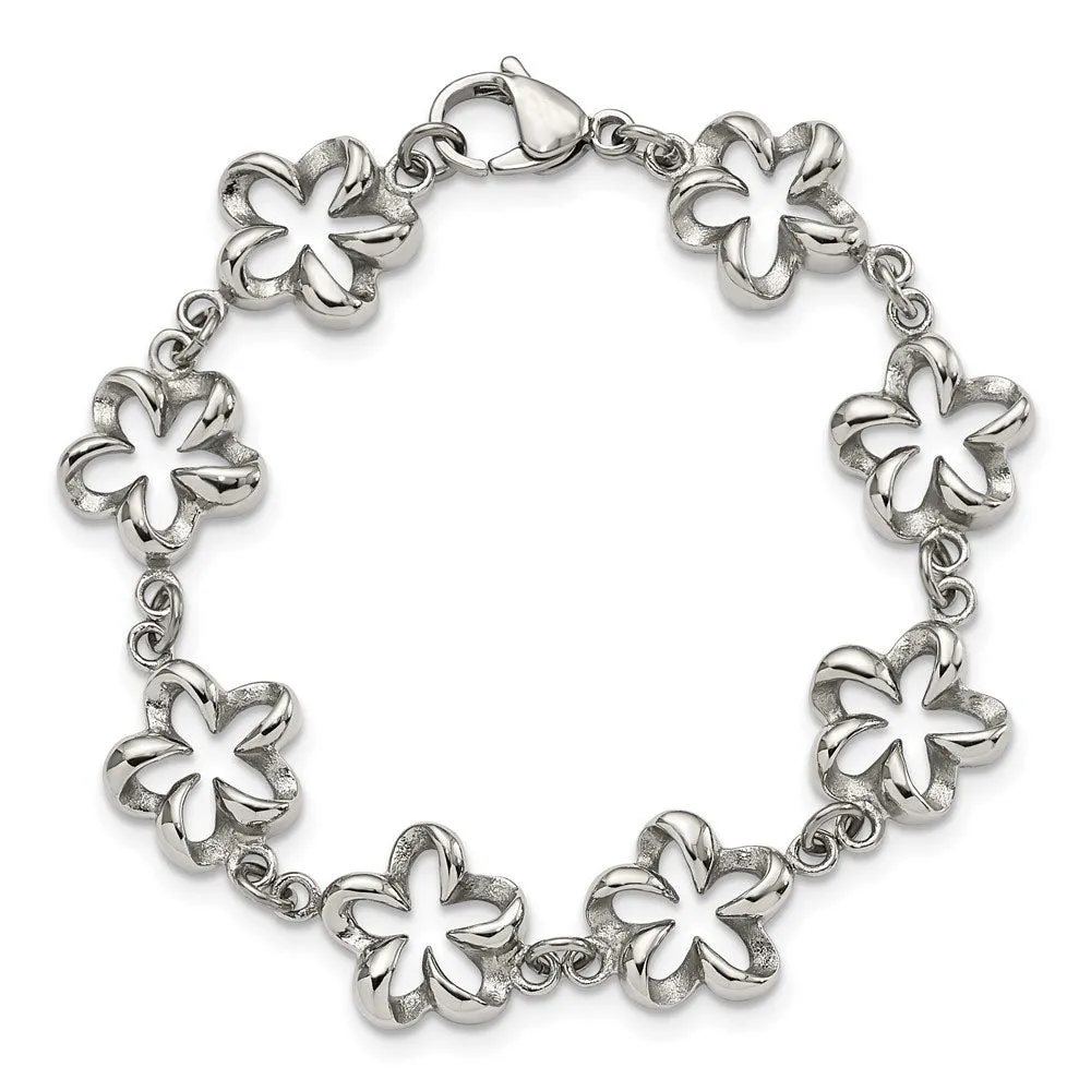 13mm Stainless Steel Looped Petal Flower Link Bracelet, 7.5 Inch