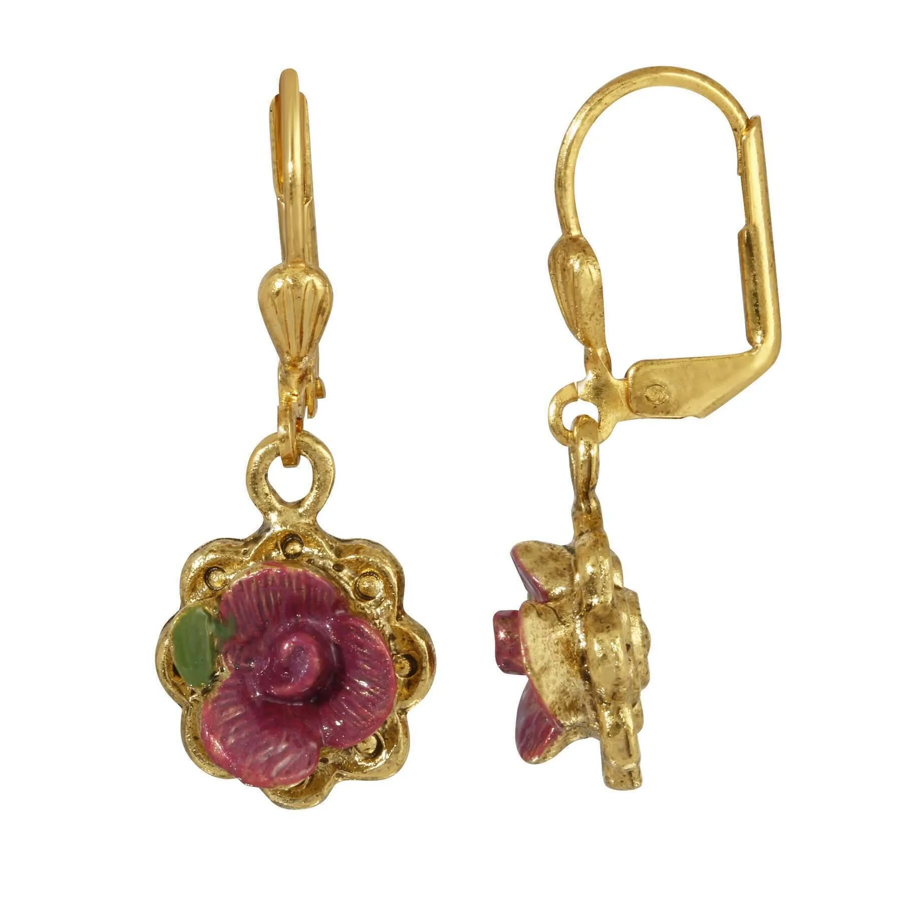 1928 Jewelry Antiqued Pink Rose Hand Enameled Flower Drop Earrings