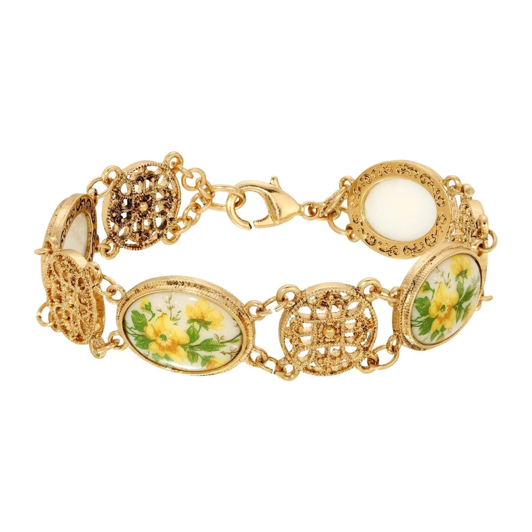 1928 Jewelry Meso Round Intricate Filigree Yellow Flower Bloom Glass Stone Link Bracelet