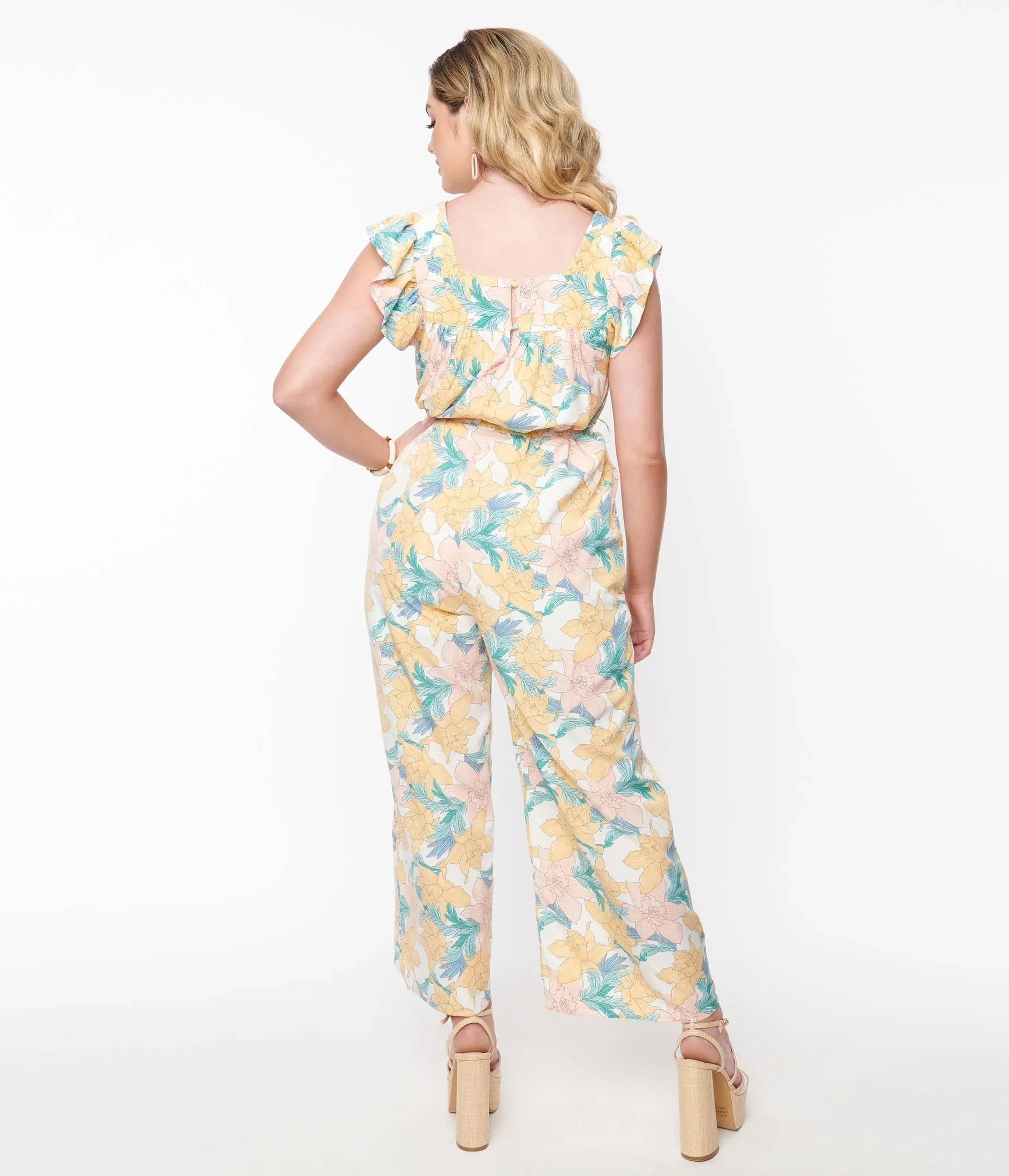 1970s White Pastel Floral Sashed Jumpsuit