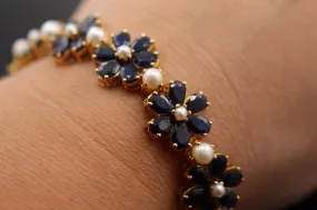 22k Jewelry Solid Gold ELEGANT Blue Sapphire Flower Stone Bracelet Size 7 B354