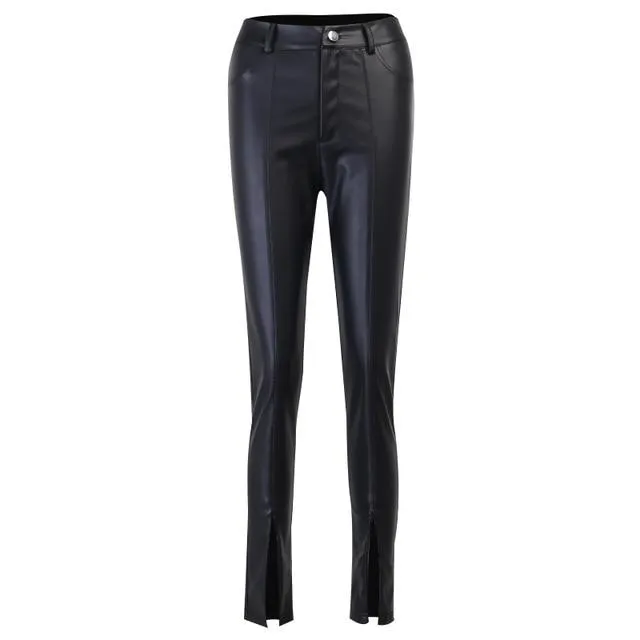 Autumn Casual Women's Synthetic Leather High Waist Zipper Skinny Split Pants