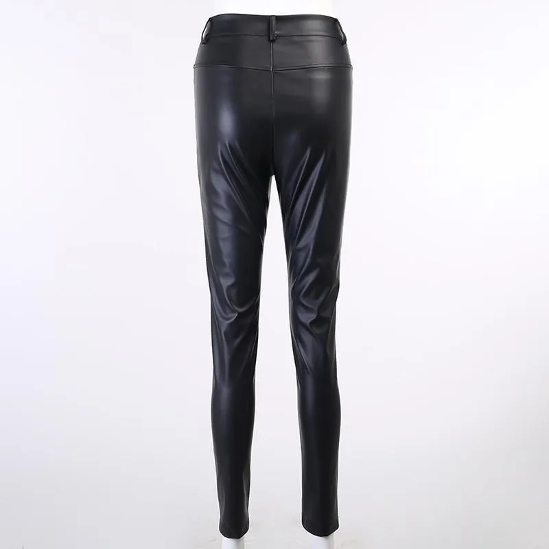 Autumn Casual Women's Synthetic Leather High Waist Zipper Skinny Split Pants