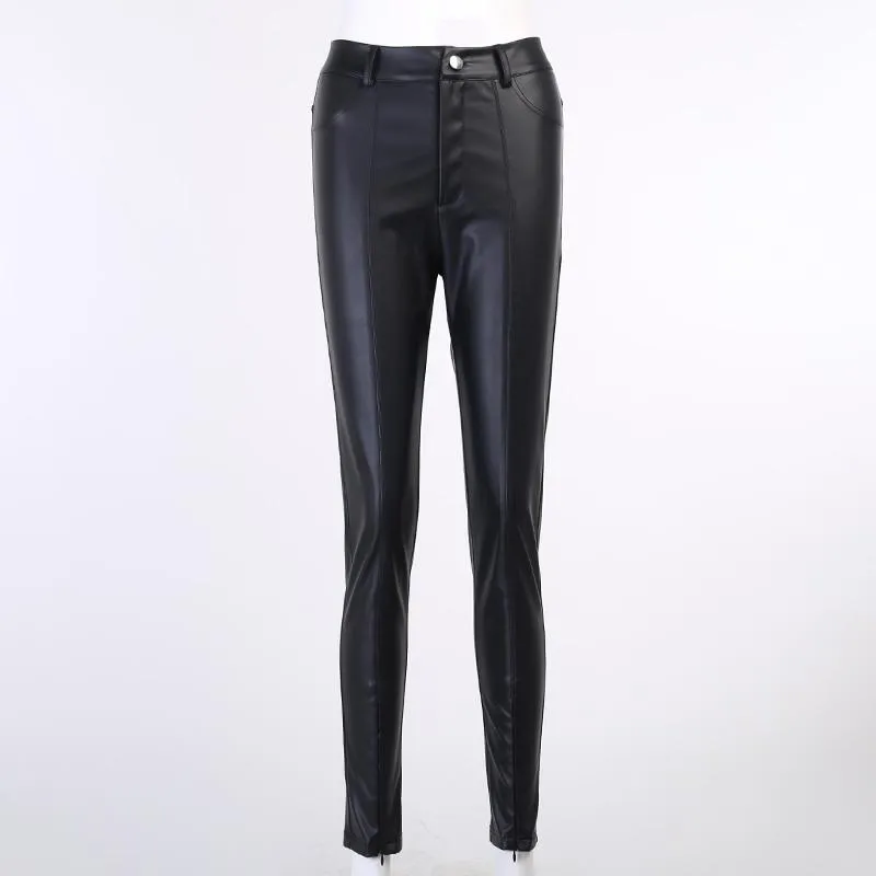 Autumn Casual Women's Synthetic Leather High Waist Zipper Skinny Split Pants