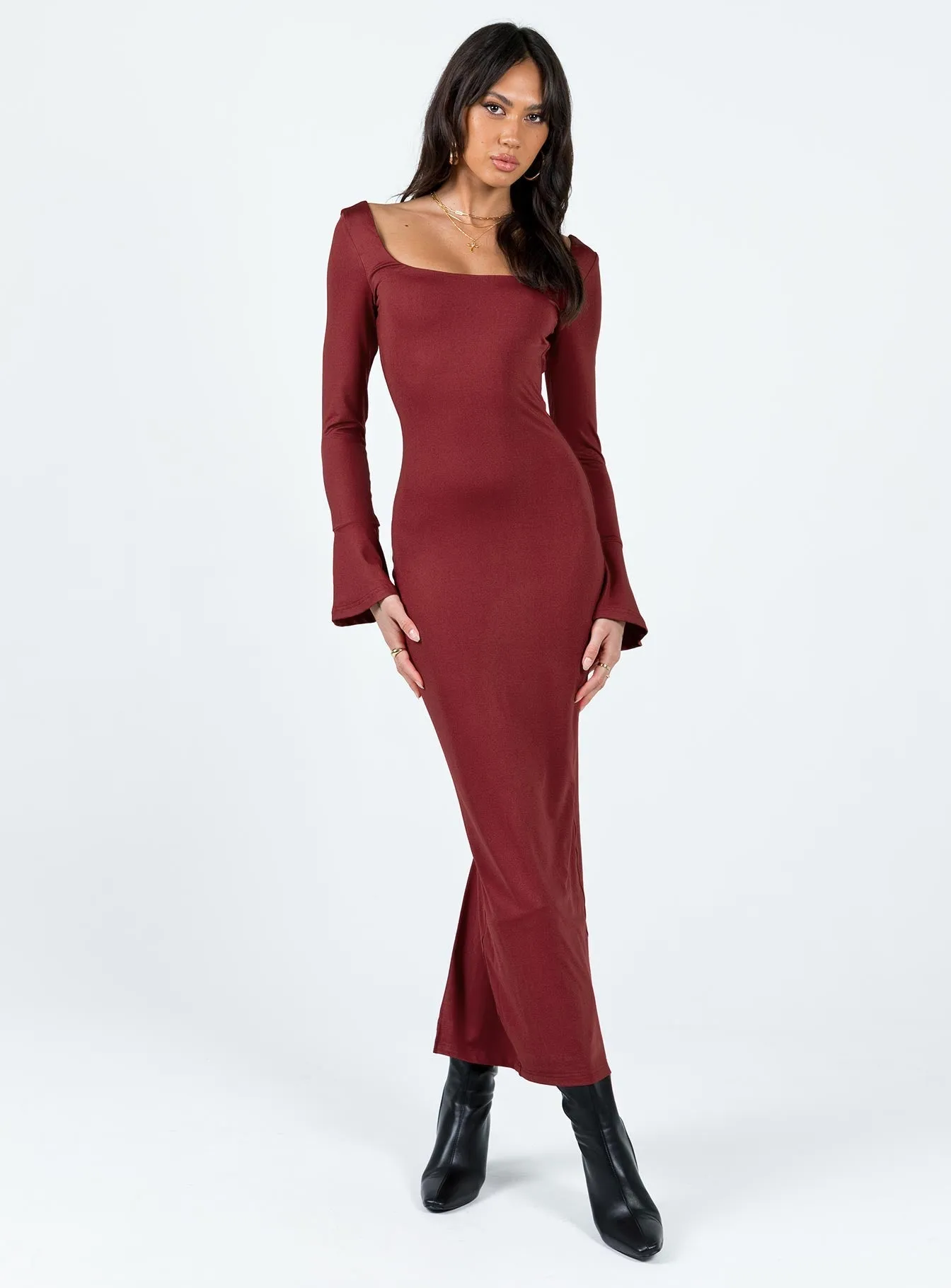 Belfa Long Sleeve Maxi Dress Burgundy