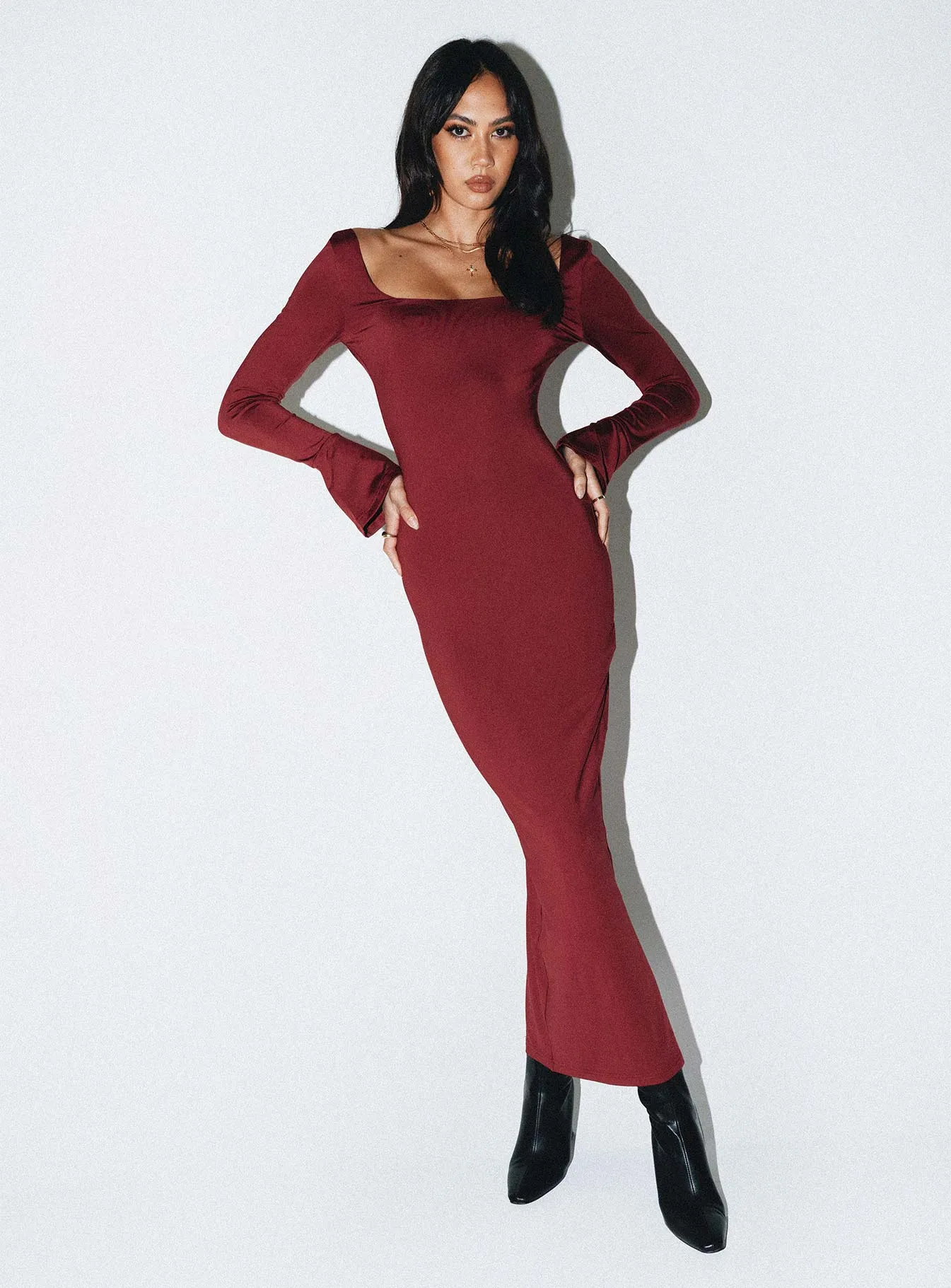 Belfa Long Sleeve Maxi Dress Burgundy