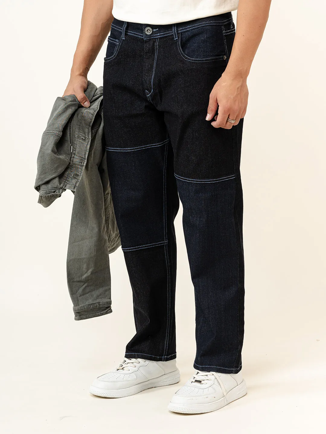 Black Colour Block Straight Fit Denim Jeans