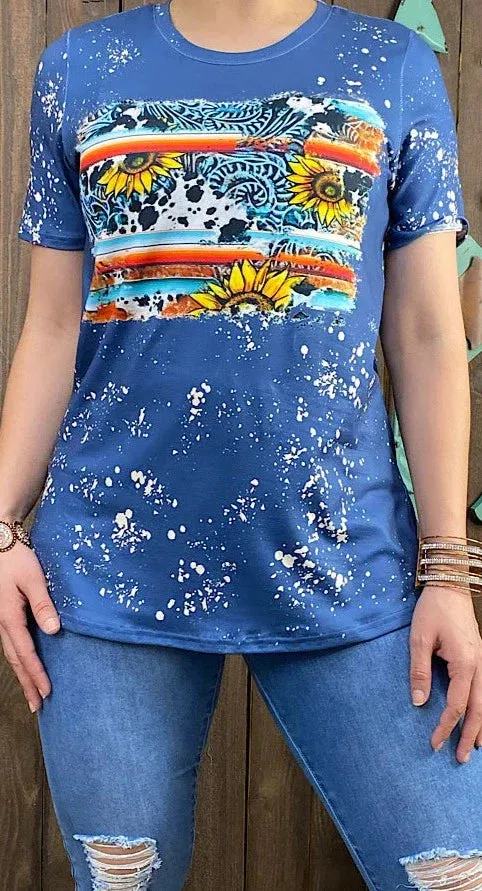 Blue Western Sunflower graphic short sleeve top