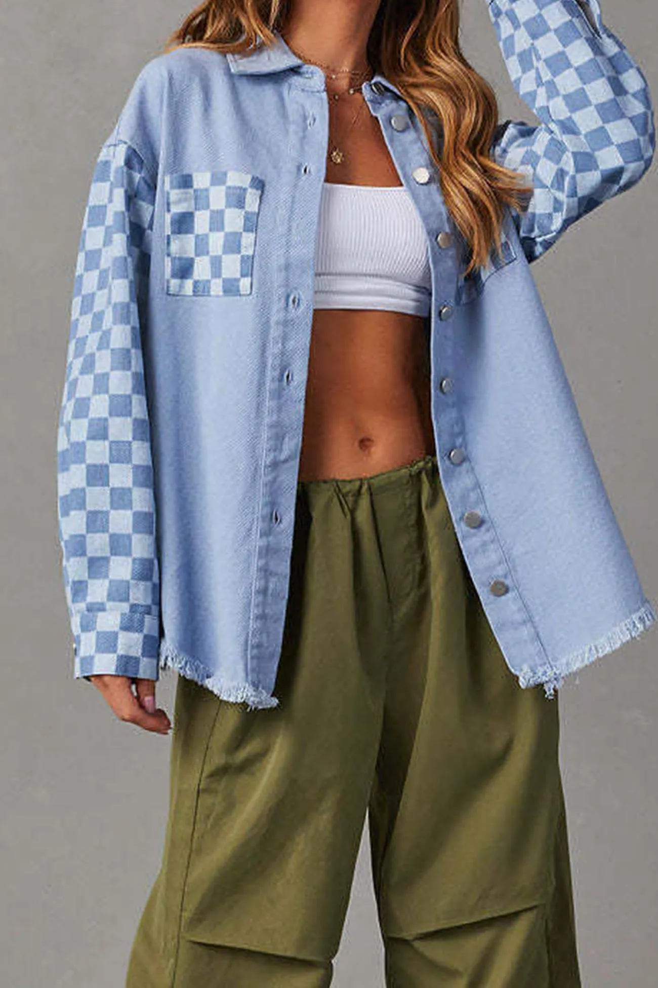 Checkerboard Patchwork Distressed Denim Jacket