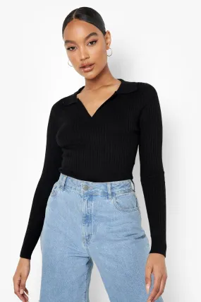 Collar Detail Rib Knit Crop Sweater