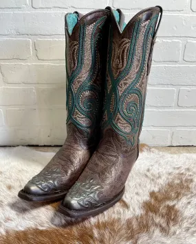 Corral Women's Bronze & Turquoise Overlay Snip Toe Cowgirl Boots C3912