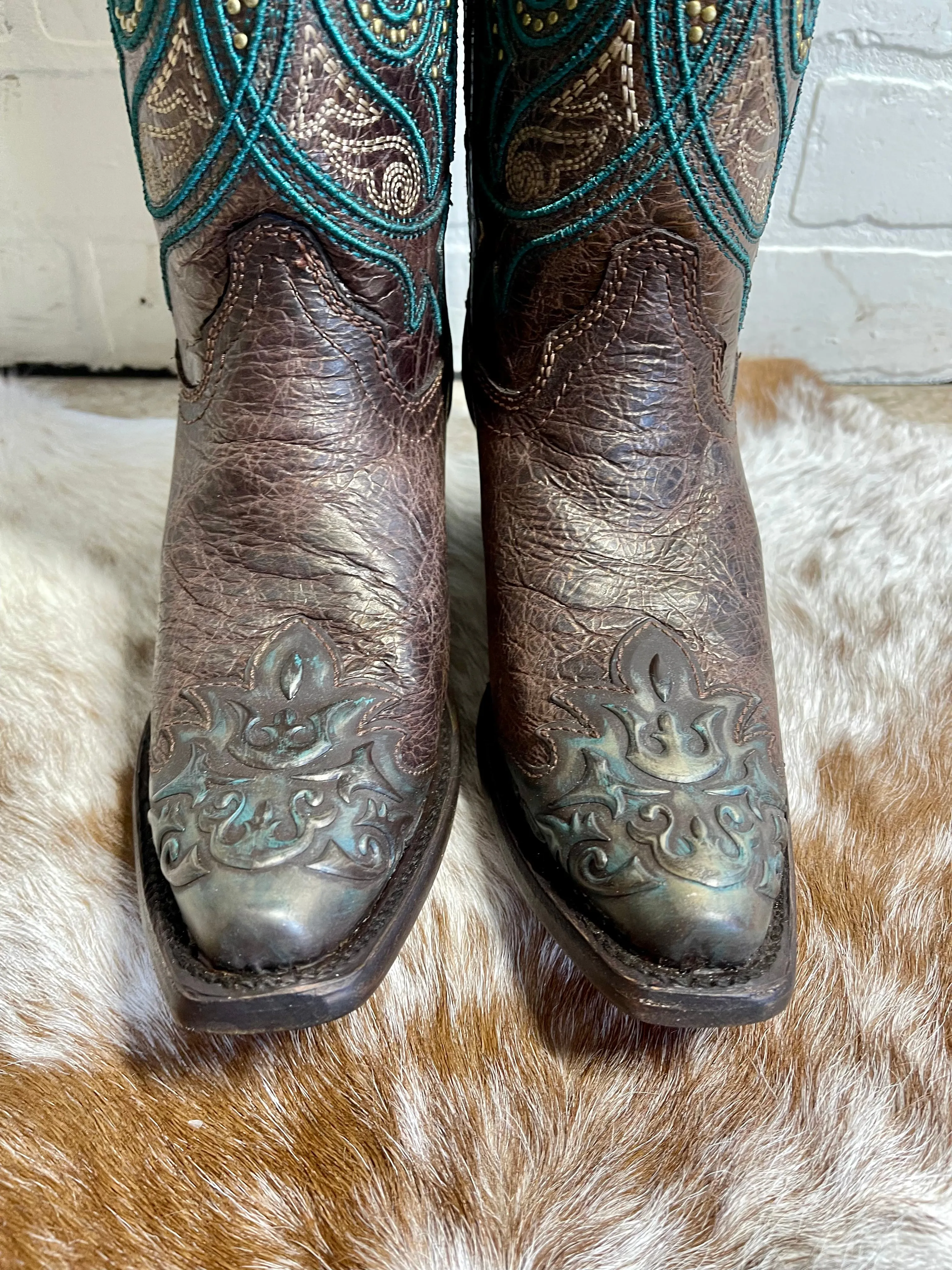 Corral Women's Bronze & Turquoise Overlay Snip Toe Cowgirl Boots C3912