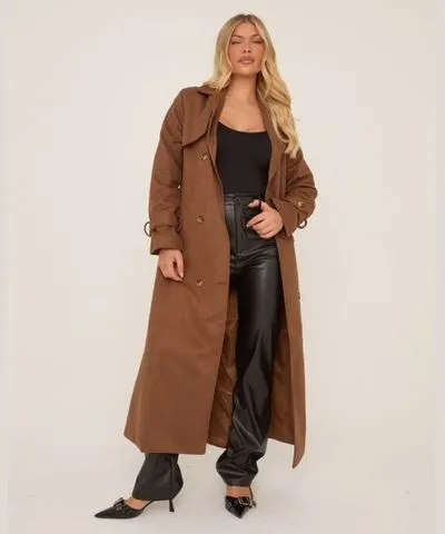 EGO Longline Trench Coat In Brown Faux Suede