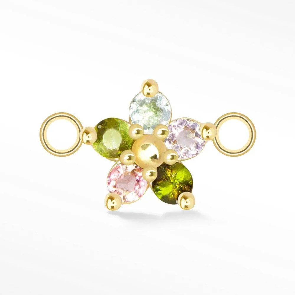 Flower in Multi Tourmaline Natural Gemstone 14K Yellow Gold Connectors for Permanent Jewelry