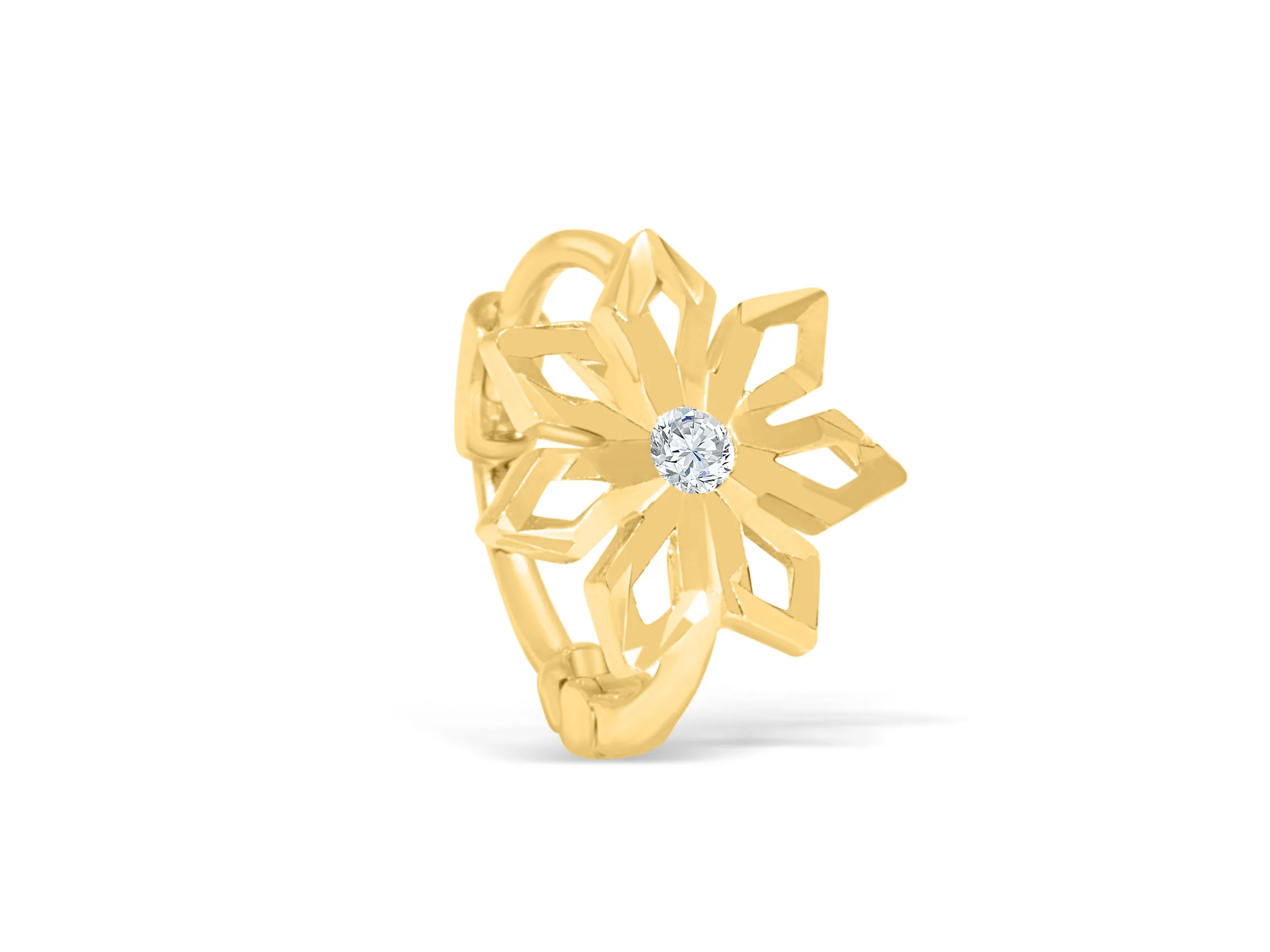 Flower Snowflake Hoop Ring Piercing Earring 14K Solid Gold Jewelry