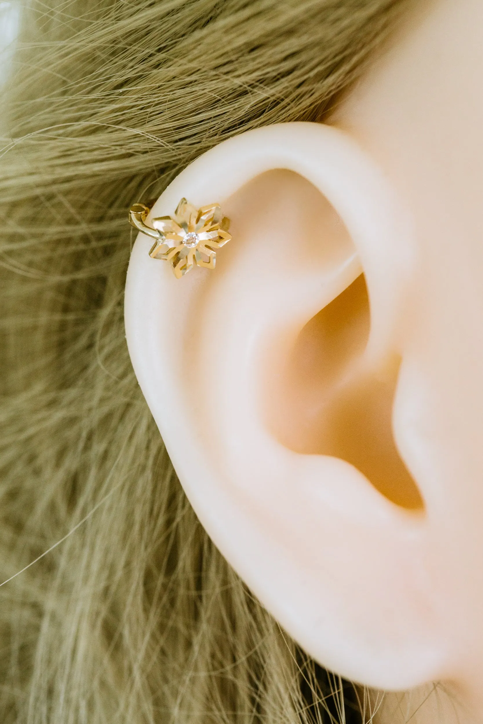 Flower Snowflake Hoop Ring Piercing Earring 14K Solid Gold Jewelry