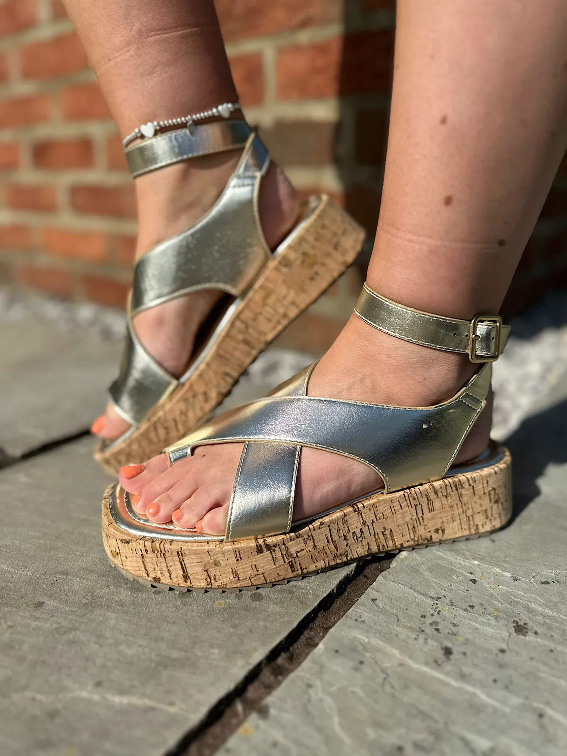 Gold Cross Over Cork Sandals