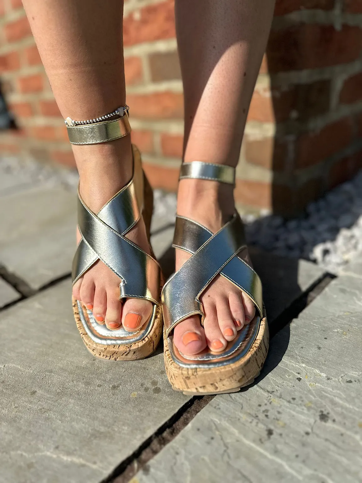 Gold Cross Over Cork Sandals