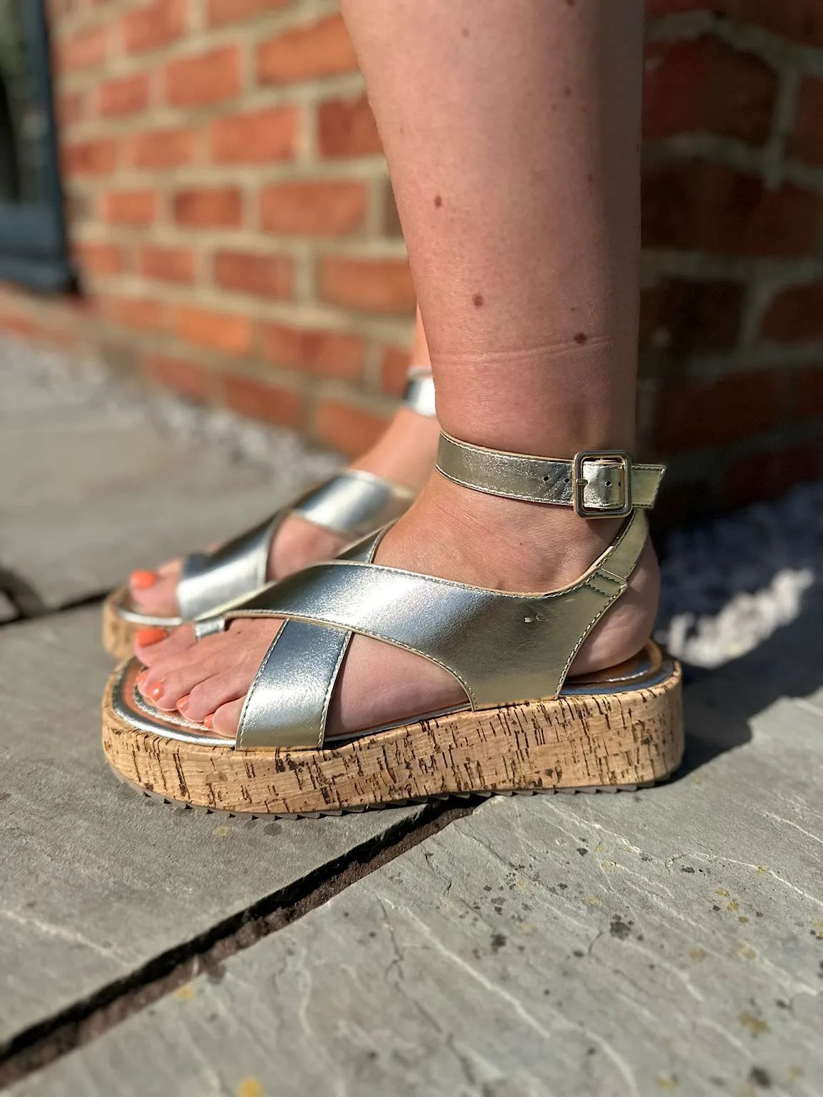 Gold Cross Over Cork Sandals