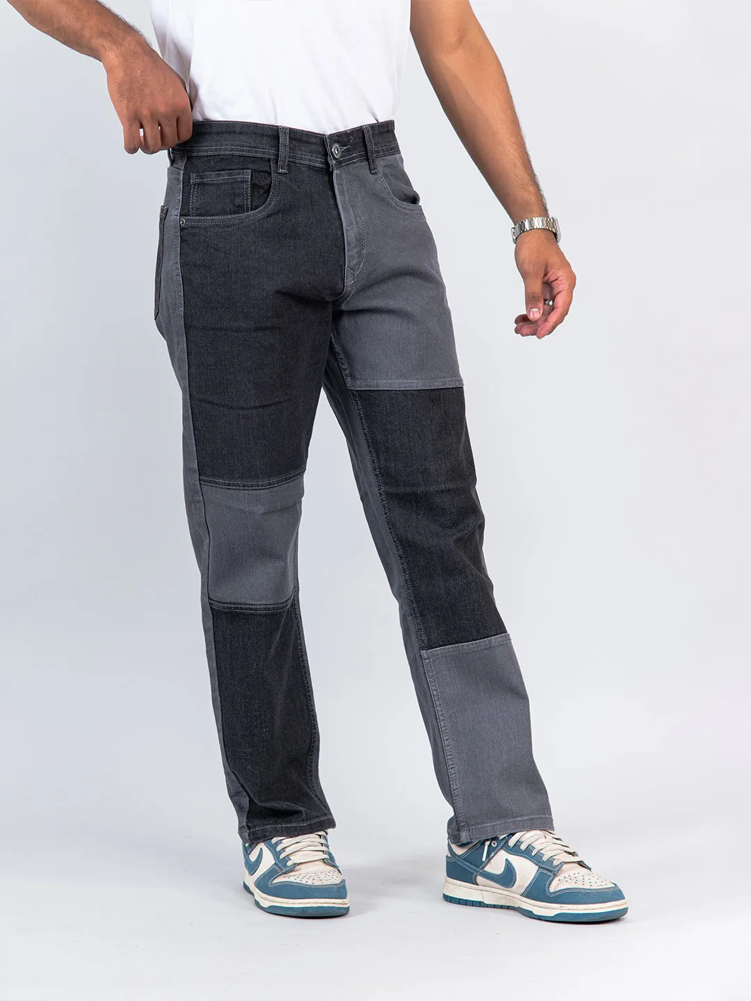 Grey Colour Block Straight Fit Denim Jeans