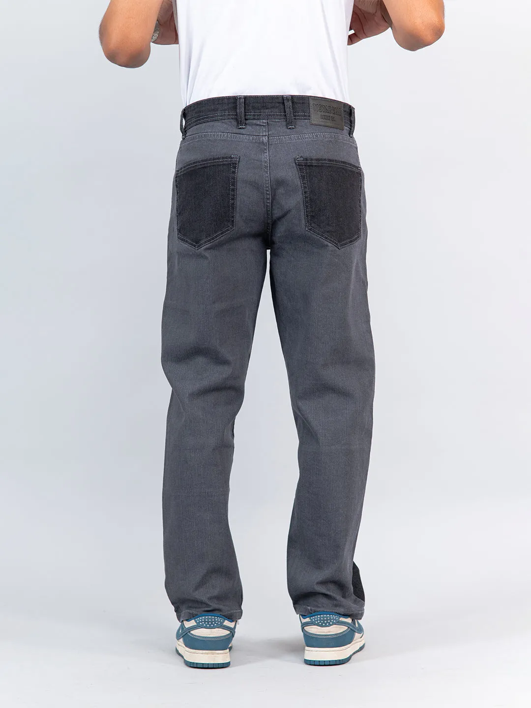 Grey Colour Block Straight Fit Denim Jeans