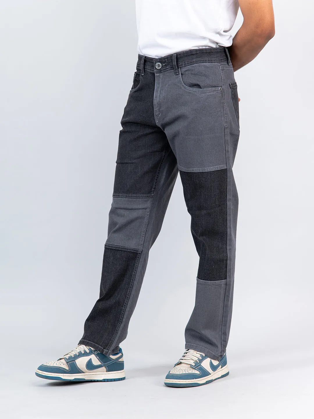 Grey Colour Block Straight Fit Denim Jeans