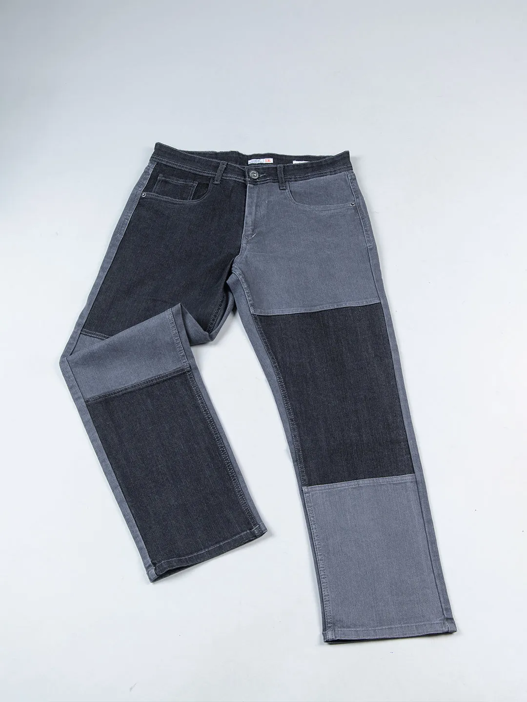 Grey Colour Block Straight Fit Denim Jeans