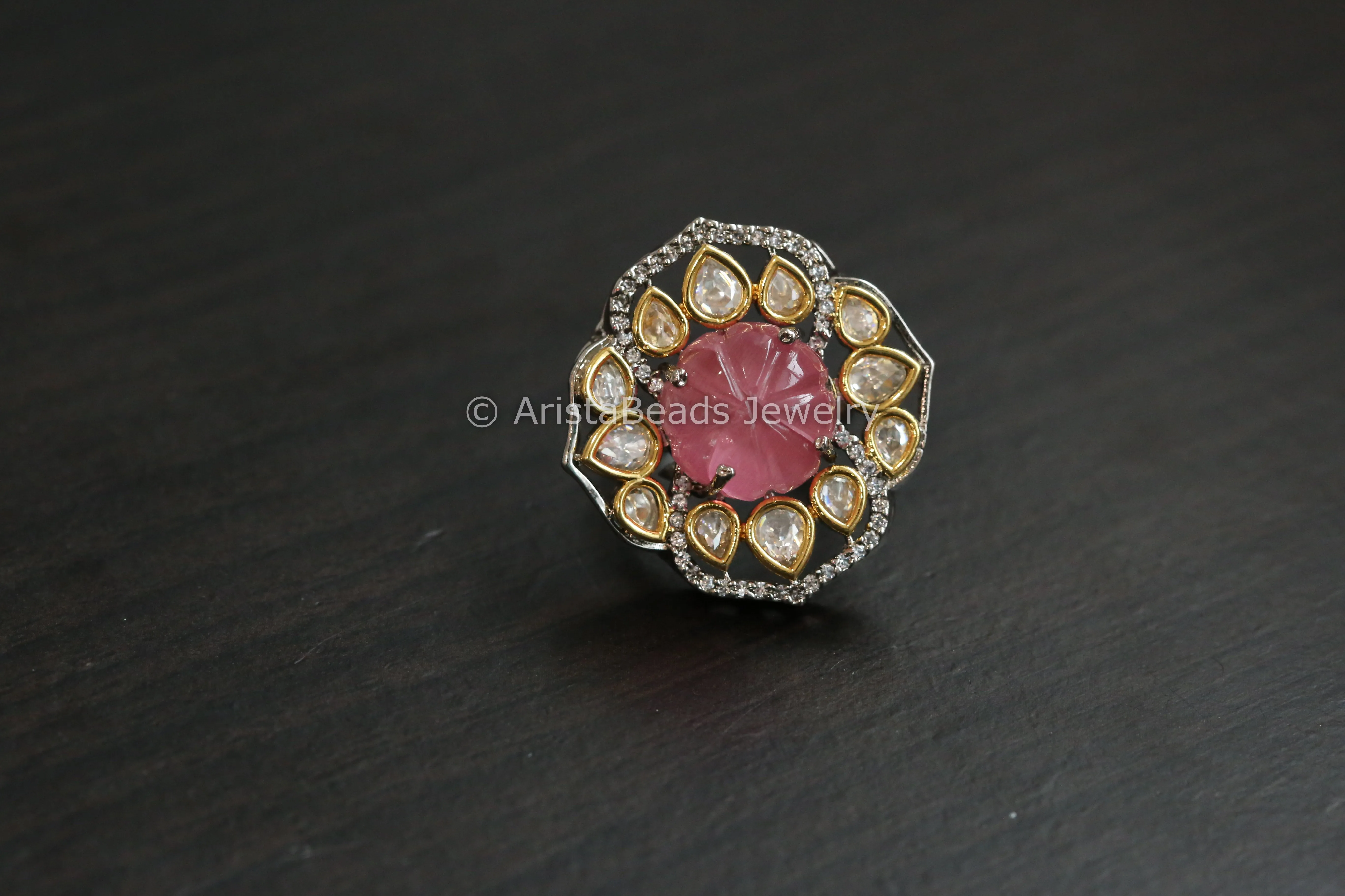 Kundan Polki CZ Ring (Adjustable) - Pink