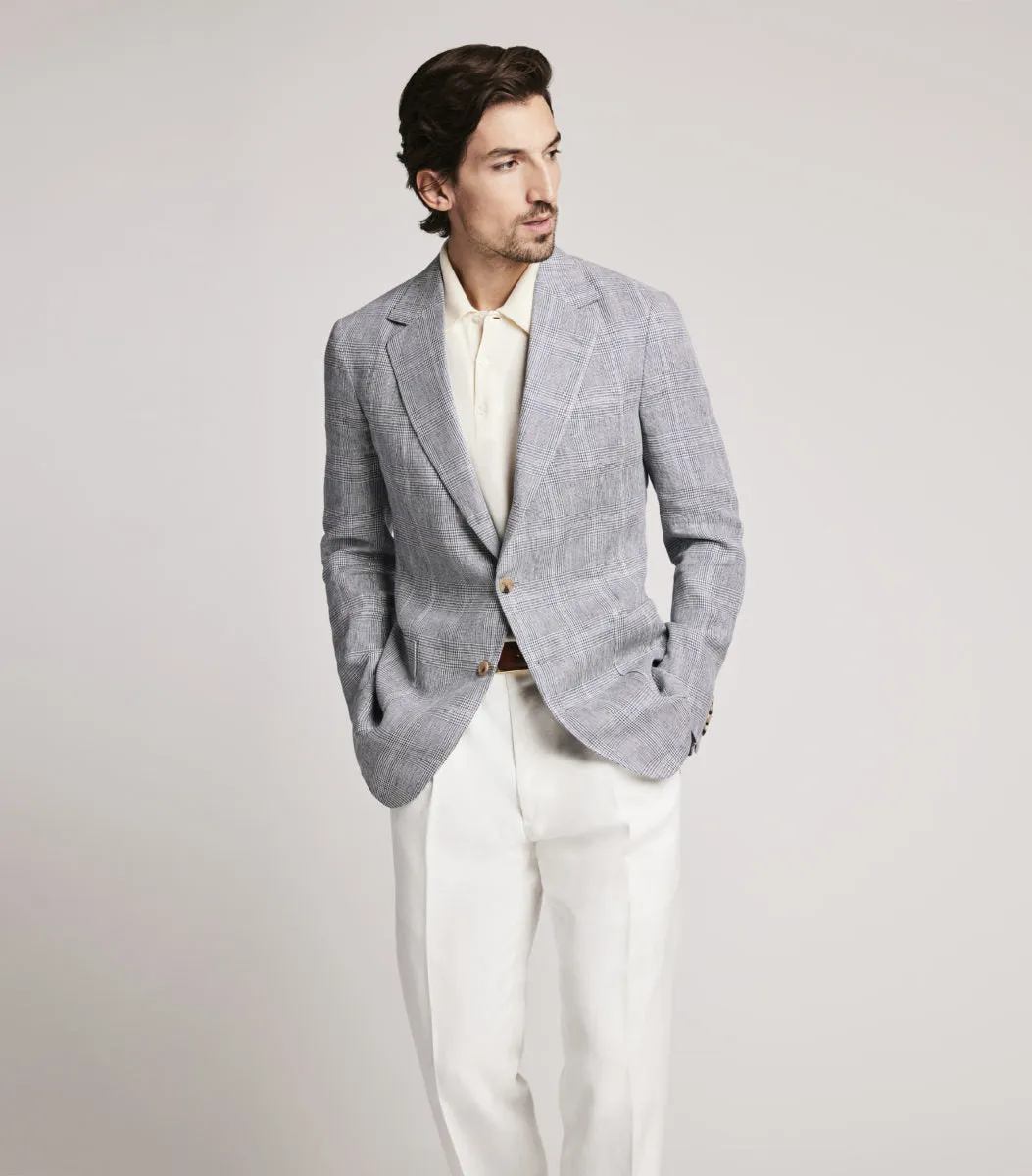 Light Blue Linen Single Breasted POW Check Jacket