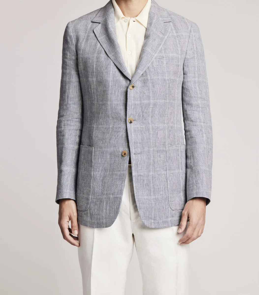 Light Blue Linen Single Breasted POW Check Jacket