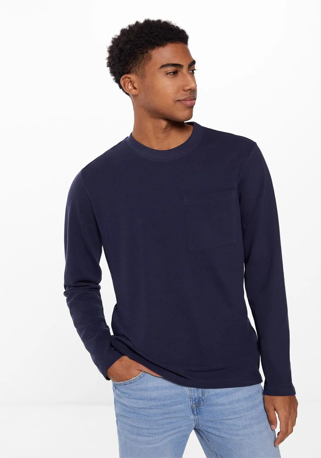 Long-sleeved piqué T-shirt with pocket - Blue