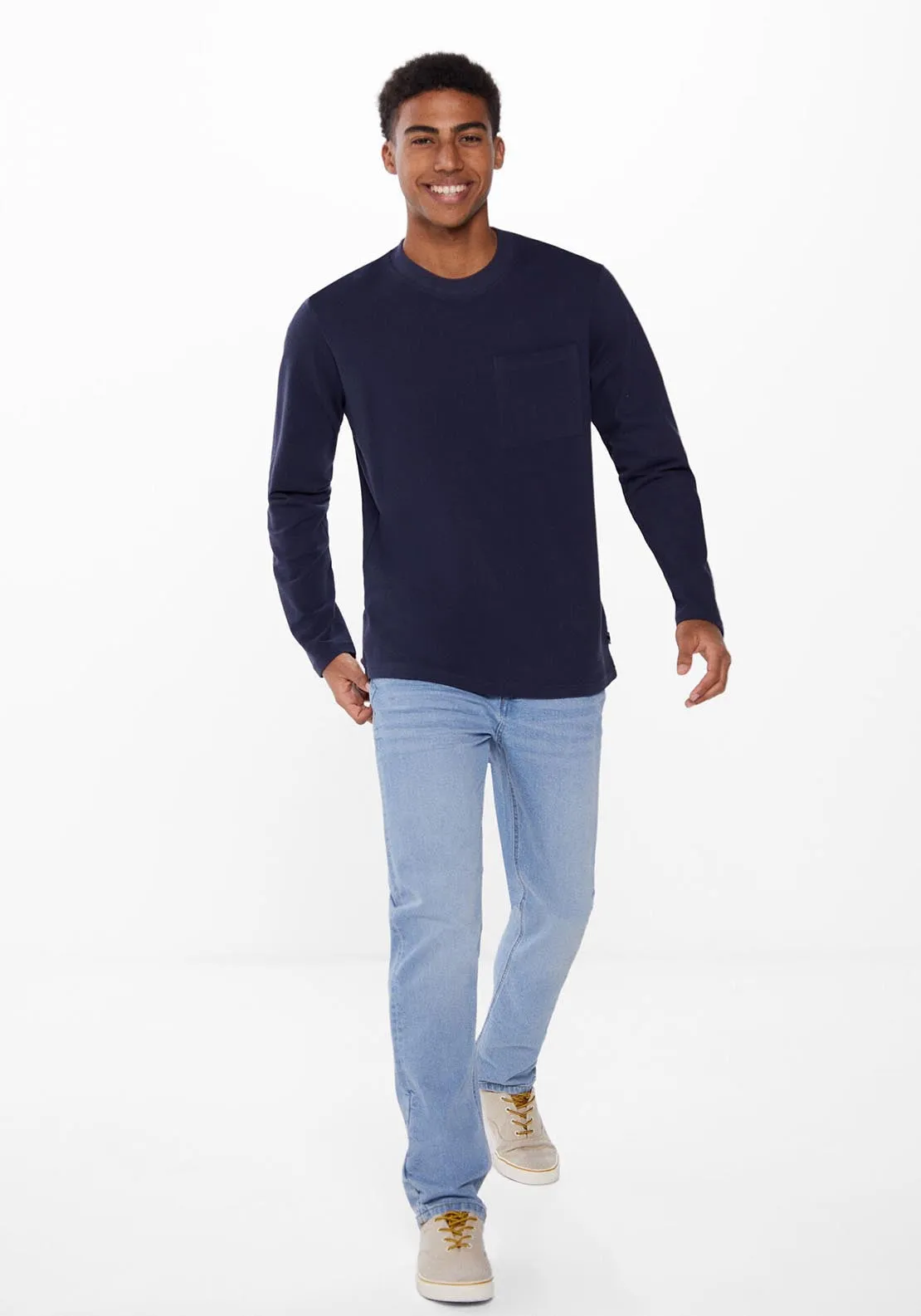 Long-sleeved piqué T-shirt with pocket - Blue