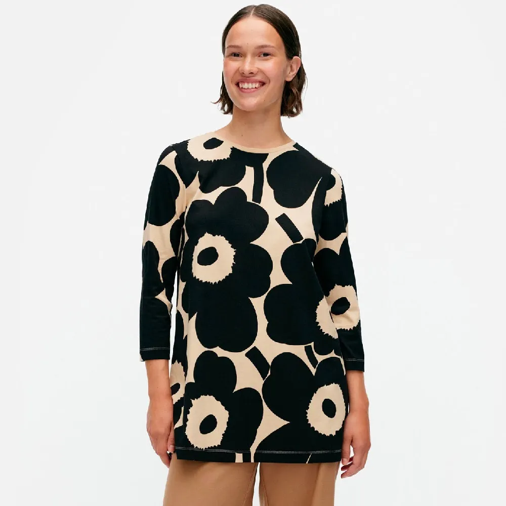 marimekko  |Crew Neck Flower Patterns Rib Cropped Cotton Tunics