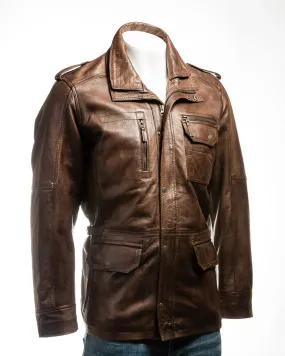 Men's Antique Brown Double-Collared Leather Coat: Pasquale