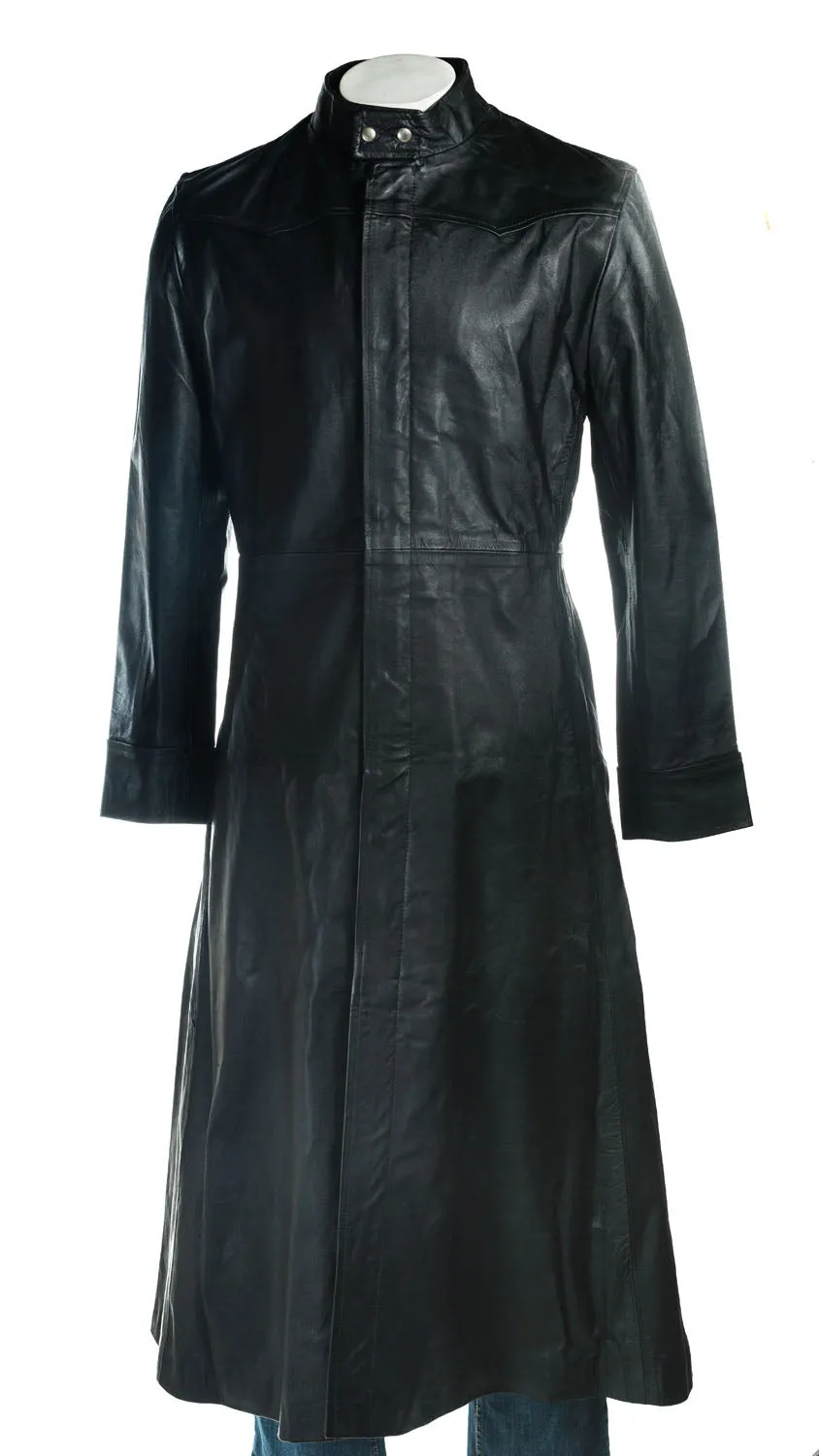 Men's Black Matrix Style Full Length Flared Leather Coat: Alexander