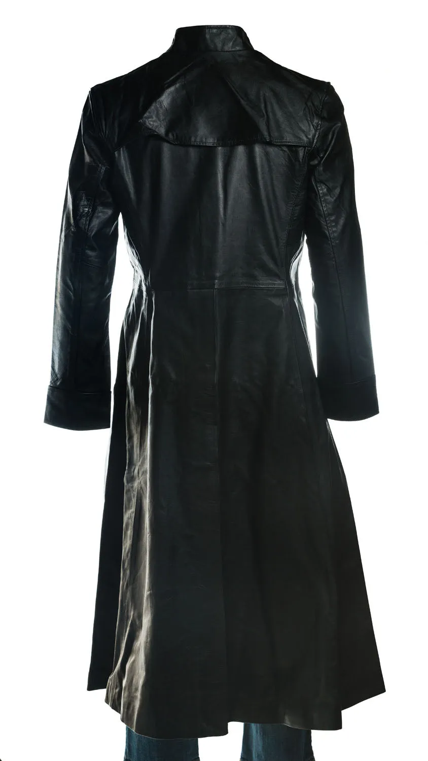 Men's Black Matrix Style Full Length Flared Leather Coat: Alexander