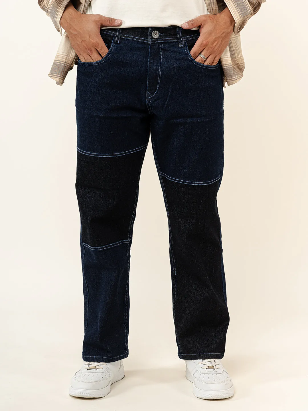 Navy Blue Colour Block Straight Fit Denim Jeans