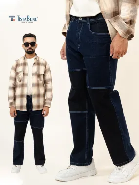 Navy Blue Colour Block Straight Fit Denim Jeans