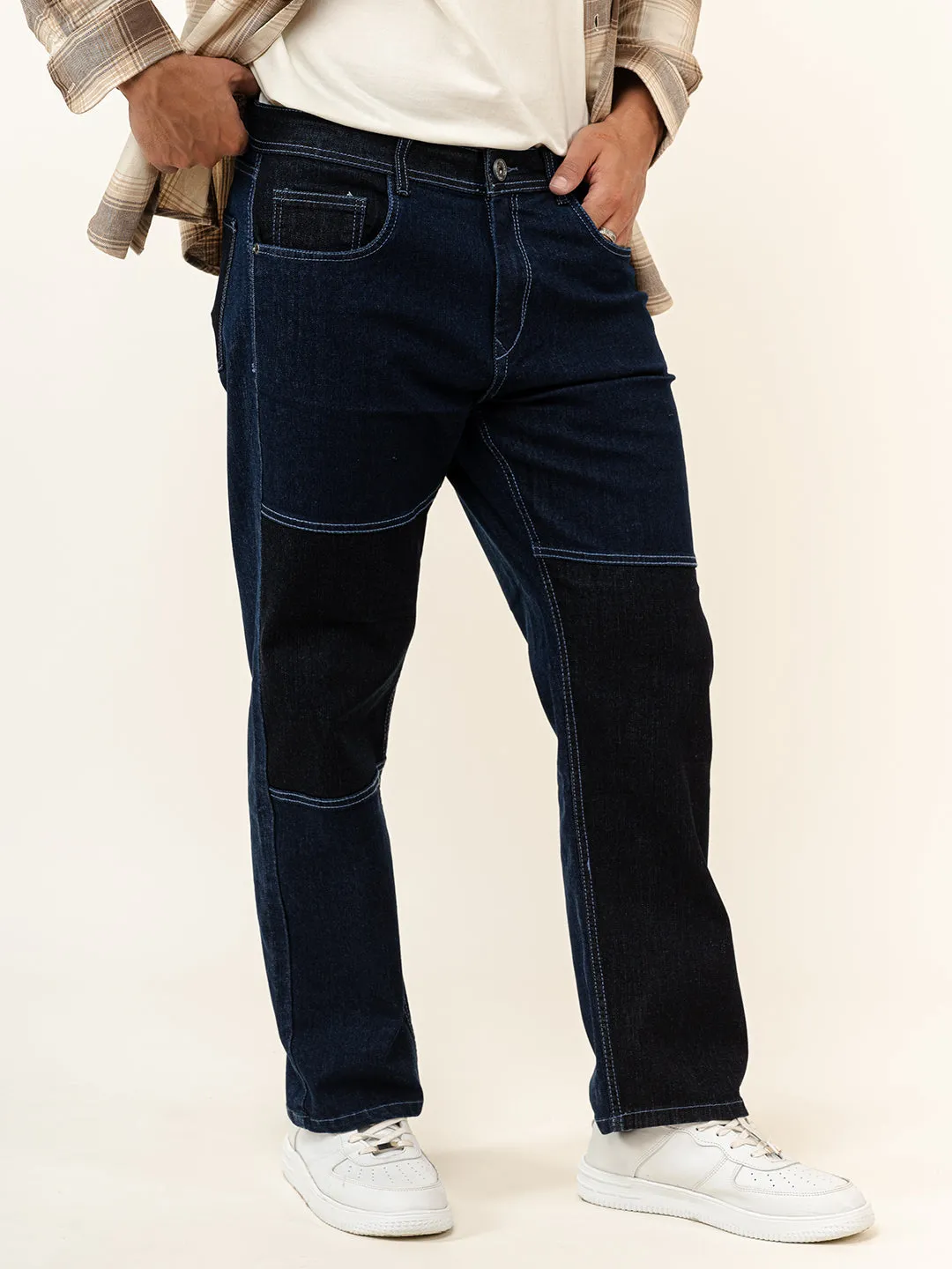 Navy Blue Colour Block Straight Fit Denim Jeans