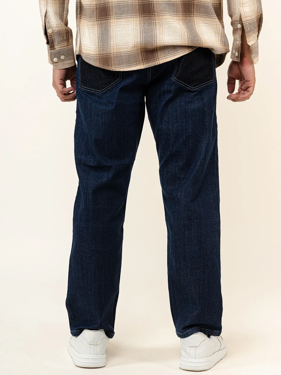 Navy Blue Colour Block Straight Fit Denim Jeans