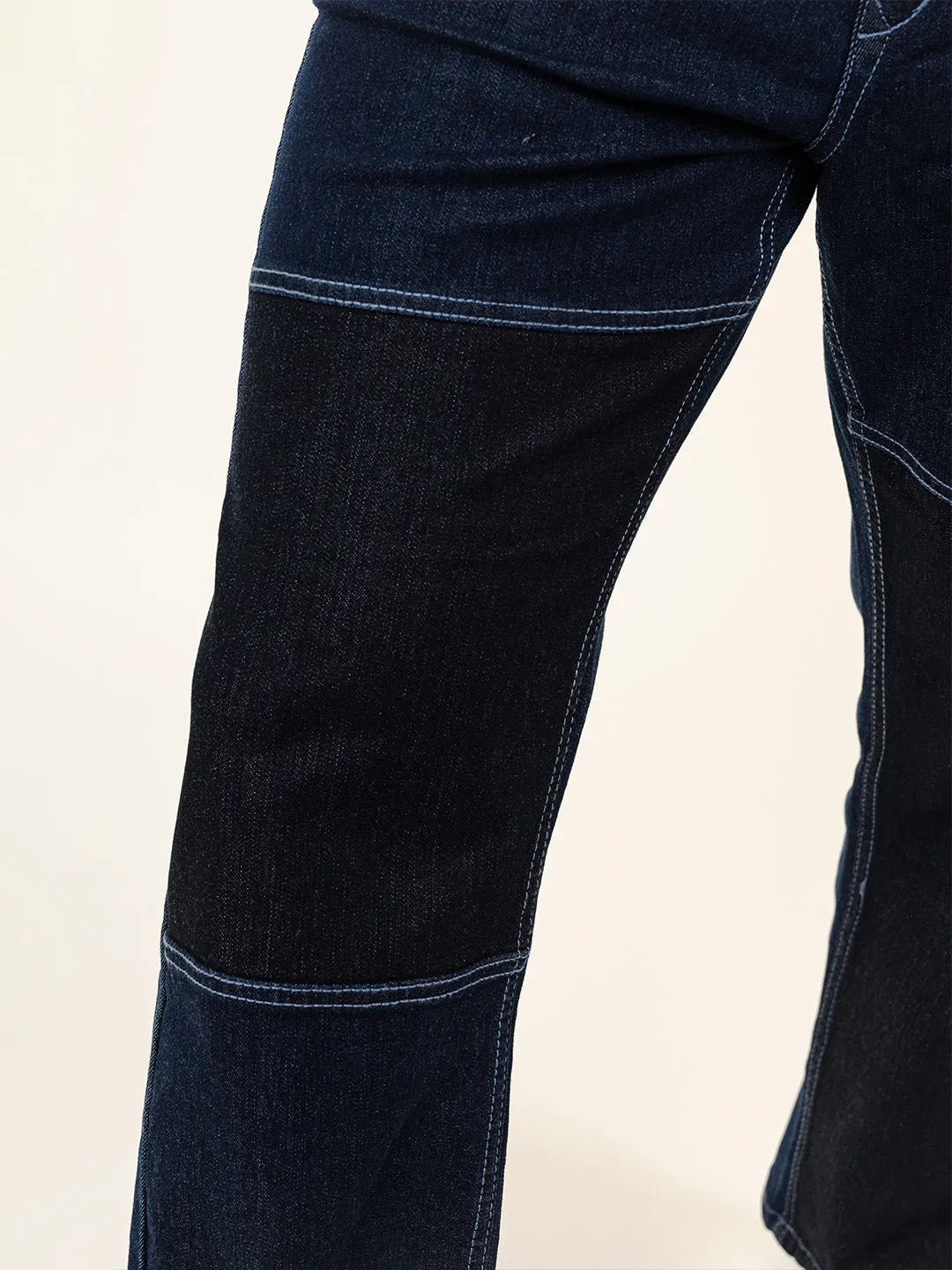 Navy Blue Colour Block Straight Fit Denim Jeans