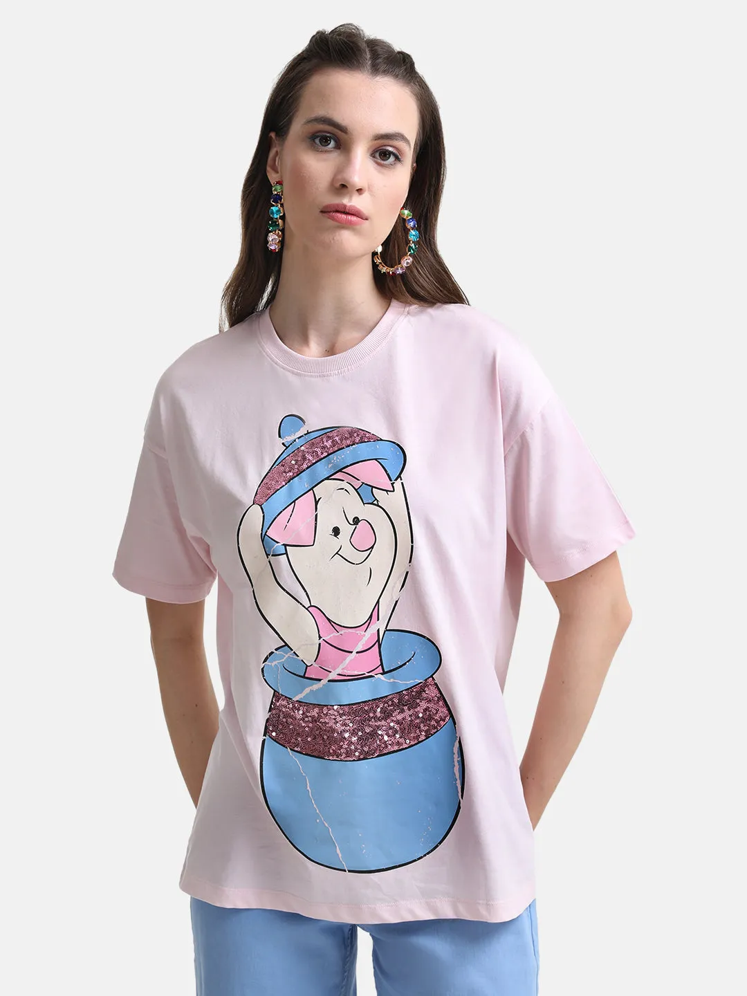 Piglet Graphic Print Long T-Shirt With Sequin