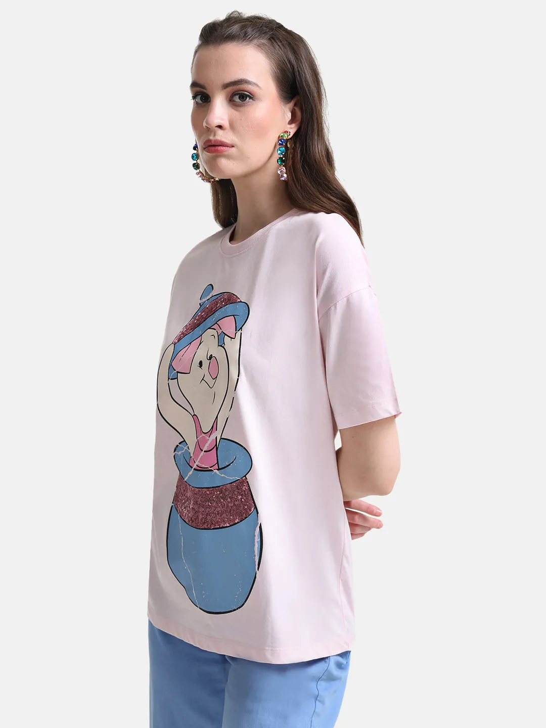 Piglet Graphic Print Long T-Shirt With Sequin