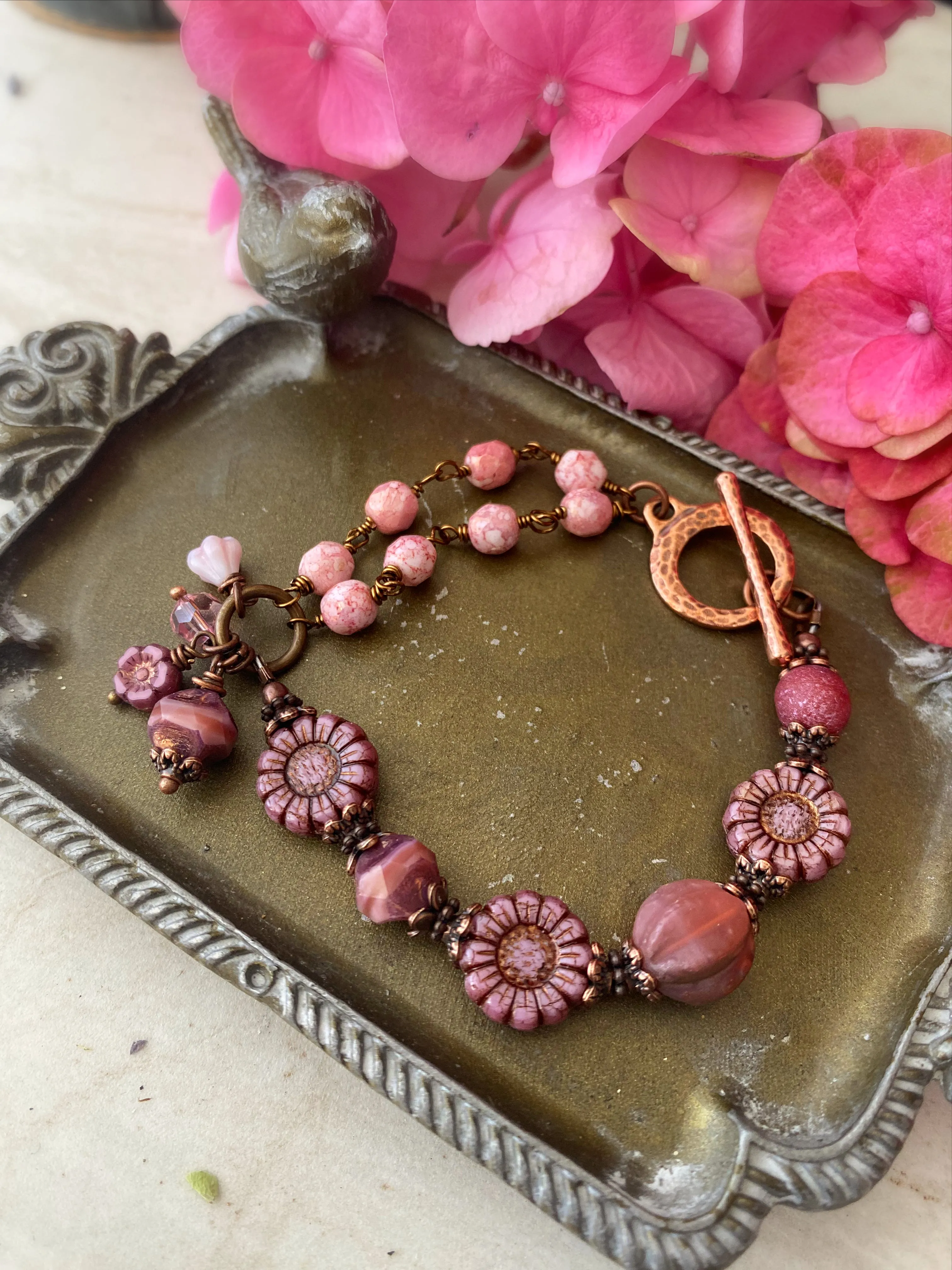 Pink flower Czech glass, copper metal, bracelet, jewelry