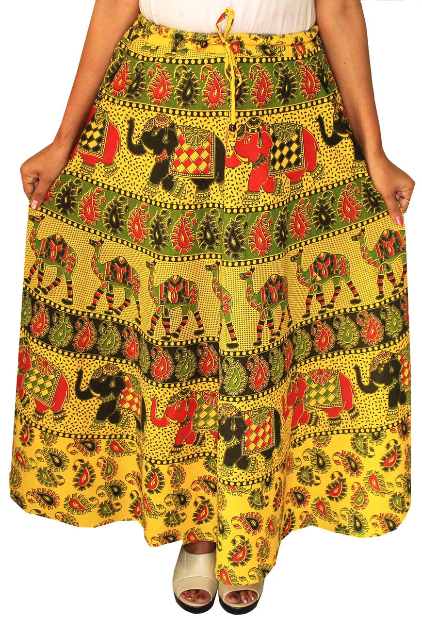 Printed Cotton Womens Long Skirt Indian Clothing (Yellow)