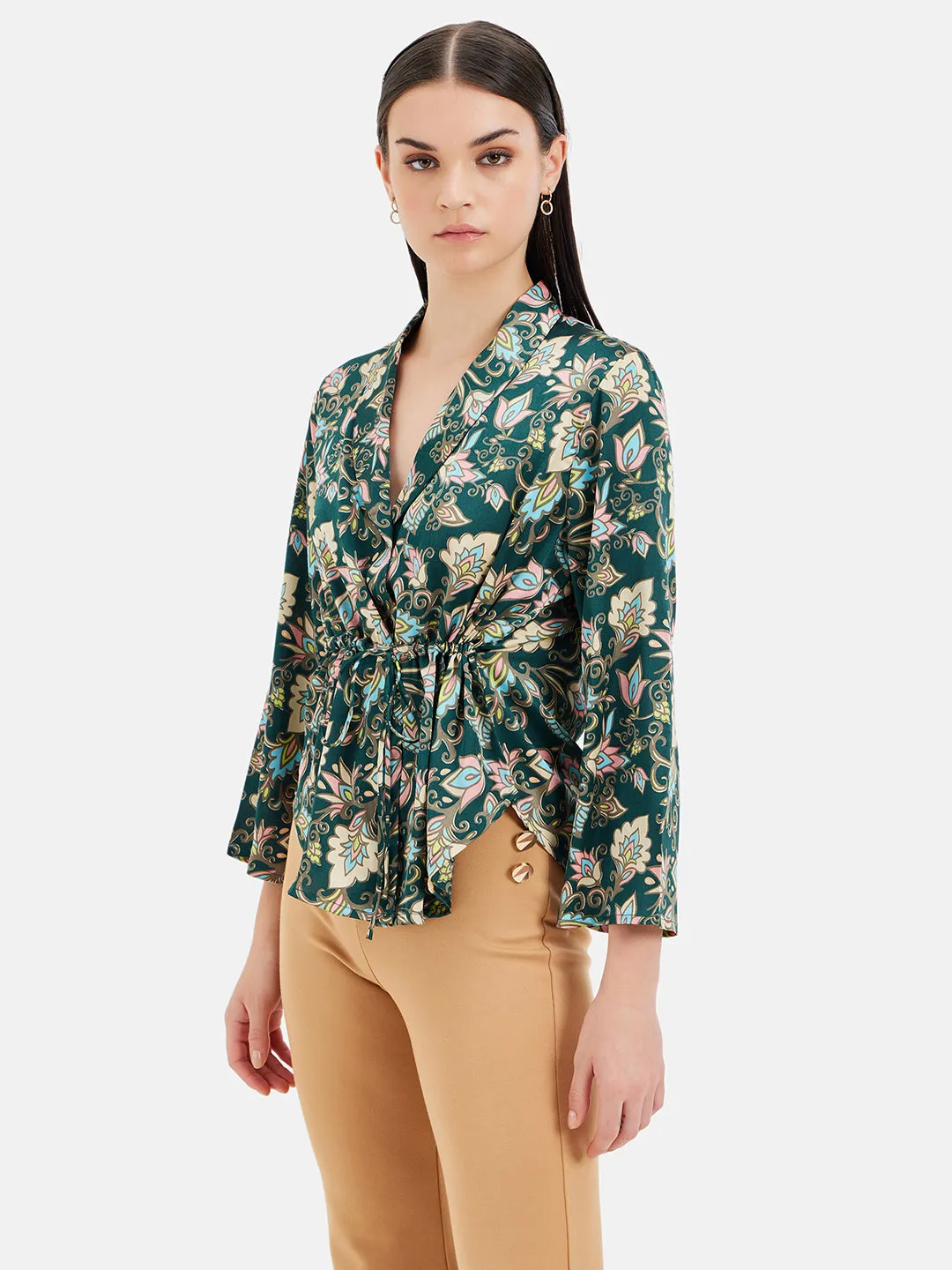 Printed Notch Collar Shirt With Drawstring