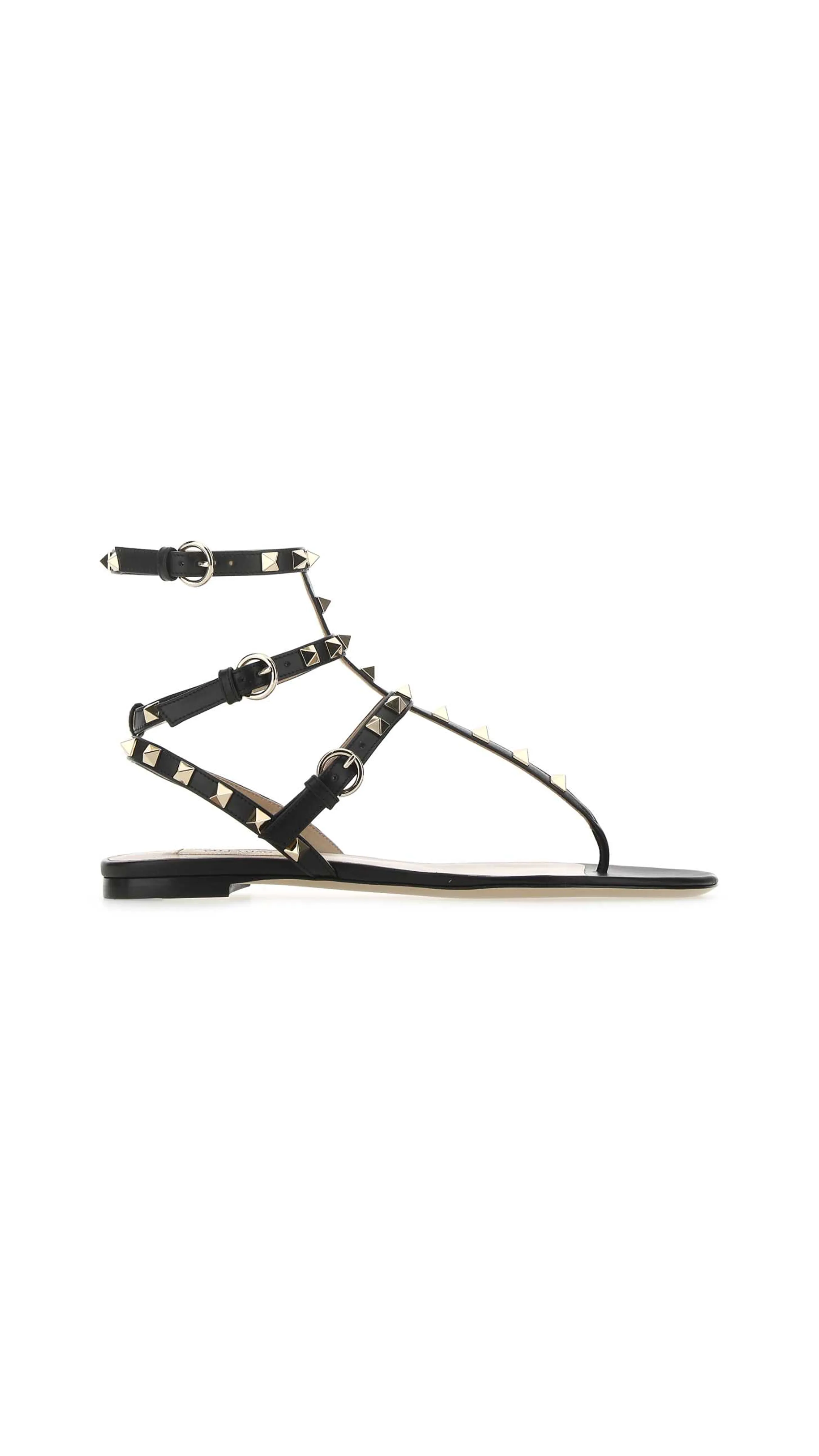 Rockstud Calfskin Flat Flip-flop Sandal - Black