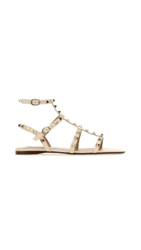 Rockstud Flat Calfskin Sandal with Straps - Beige