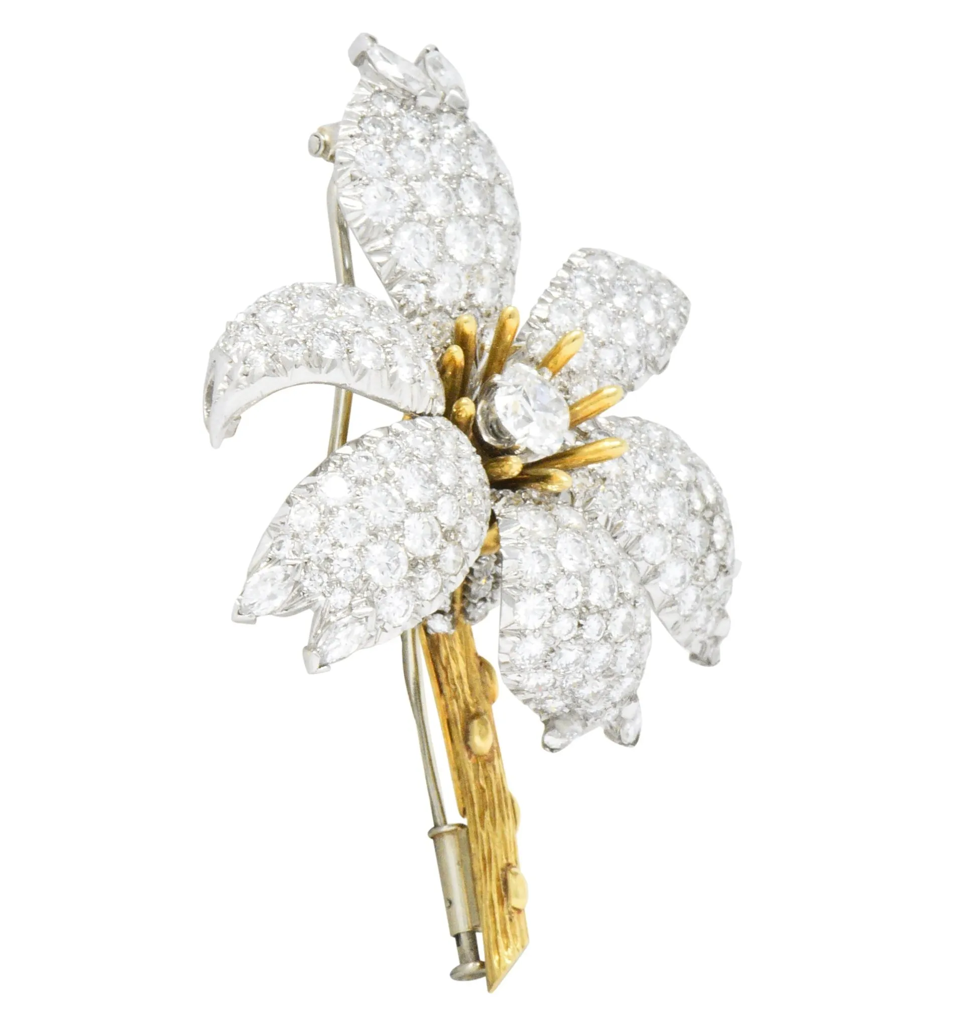 Schlumberger Tiffany & Co. 10.90 CTW Diamond Platinum 18 Karat Gold Flower Brooch