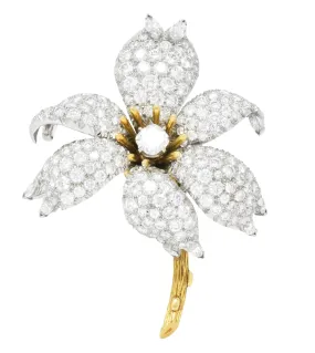 Schlumberger Tiffany & Co. 10.90 CTW Diamond Platinum 18 Karat Gold Flower Brooch